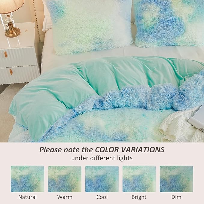 EMME Luxury Blue Fuzzy Duvet Cover Set Twin Size Fluffy Comforter Cover Set 2 Pieces Shaggy and Plush Soft Bedding Duvet Covers (Tie Dye Blue, Twin)