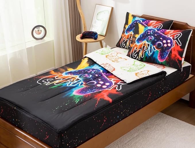 Meeting Story Kids Game Bedding Zipper Comforter Zip Bedding Set for Kid, All in one Zipper Bedding（RedBlue,Twin）
