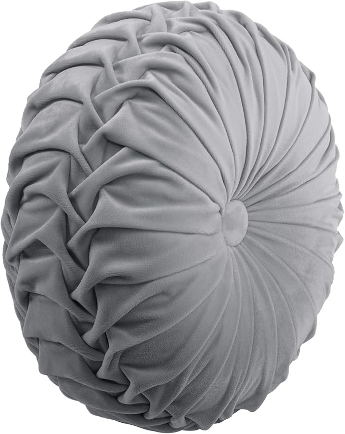 Lush Decor Round Pleated Soft Velvet Decorative Throw Pillow, 1 Count, 15" Diameter, Dark Gray - Plush Round Pillow, Seat Cushion, Decorative Pillows For Bed, Couch, Or Chair