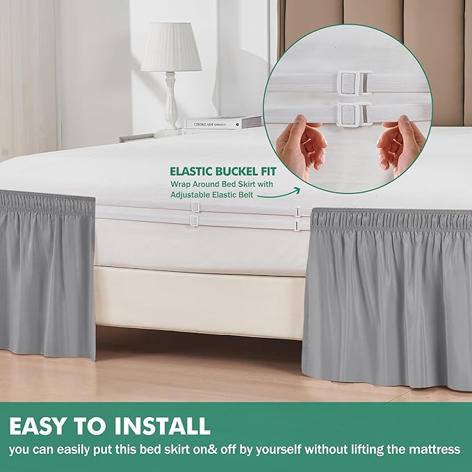 Biscaynebay Wrap Around Bed Skirts with Split Corners for King Beds 18" Drop, Silver Grey Adjustable Elastic Dust Ruffles Easy Fit Wrinkle Resistant Silky Luxurious Fabric Machine Washable
