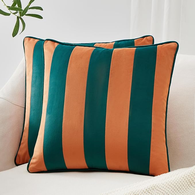 MONDAY MOOSE Decorative Throw Pillow Covers Cushion Cases, Set of 2 Soft Velvet Striped Piping Edge Designs, Pillow Inserts Not Included (18x18 inch, Coral/Dark Teal)