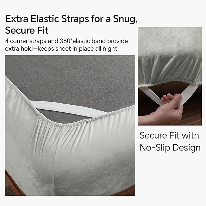 BEDELITE Velvet Fitted Sheet and Pillowcases Set, Luxury Soft Fuzzy Bottom Sheet with Reinforced Elastic Corner Straps, Deep Pocket up to 15 Inch, 1 Fitted Sheet and 2 Pillowcases (Queen, Light Grey)
