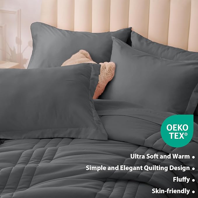 Queen Comforter Set Dark Grey - Bed in a Bag Queen Size 7 Pieces, Soft Bedding Set for All Seasons, Premium Queen Comforter Set with Comforter, Sheets, Pillowcases & Shams