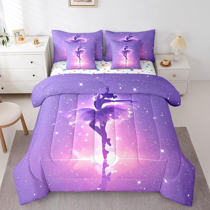 Feelyou Kids Ballet Dancer Bed in A Bag Full Size, Ballerina 7 Pieces Bedding Set Boys Girls Dreamy Princess Comforter Set with Sheets Dancing Teens Bed Set Bedroom Decor 7Pcs