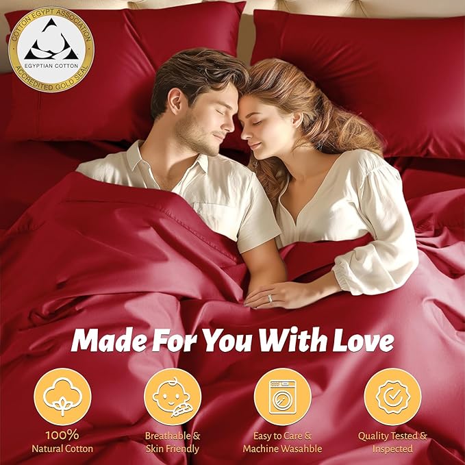 Shilucheng 100% Egyptian Cotton Queen Size Sheets Set - 1000 Thread Count，Luxury Cotton Bed Sheets，Breathable & Cooling Bedding and Pillow Cases, 16 Inch Deep Pocket - 4 Piece (Burgundy, Queen)