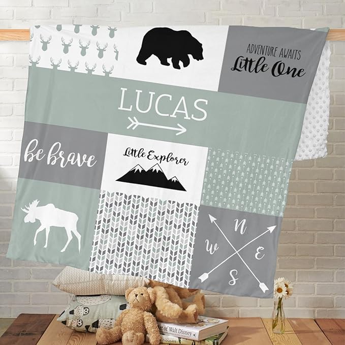 Baby Blanket with Name, Polyester Micro Soft Plush Baby Blankets for Boys with Print Animal Pattern and Soothing Raised Dots, Double Layer Bed Throws for Crib, Bear and Deer, Green, 35x45 Inches