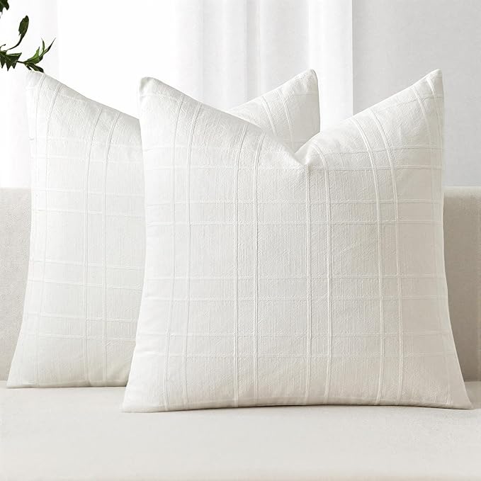 MIULEE Decorative Linen Check Euro Shams Throw Pillow Covers Neutral Farmhouse Vintage Pillow Covers 24x24 Set of 2 Boho Modern Home Decor for Sofa Couch Bedroom Cushion Cream White