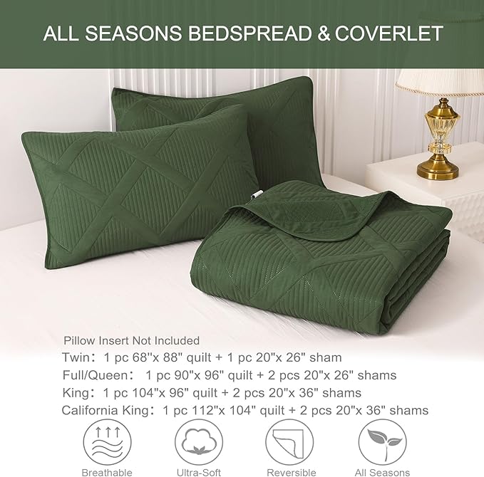 Exclusivo Mezcla Quilts Queen Size - Olive Green Quilt Set Bedspread with 2 Pillow Shams, Modern Bedding Set with Striped Pattern, Soft Lightweight Bedspreads Queen Size for All Seasons