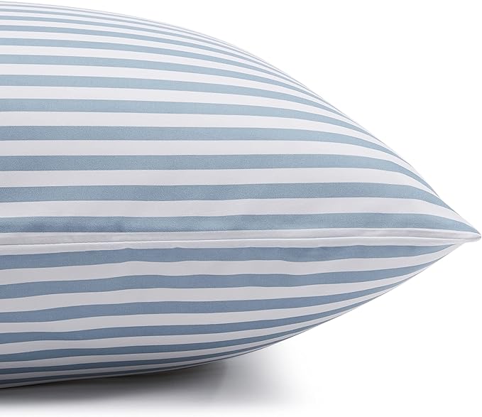 Amazon Basics Lightweight Super Soft Easy Care Microfiber 4 Piece Bed Sheet Set with 14-inch Deep Pockets - Queen,Dusty Blue Pinstripe,Printed,(Pack of 4)