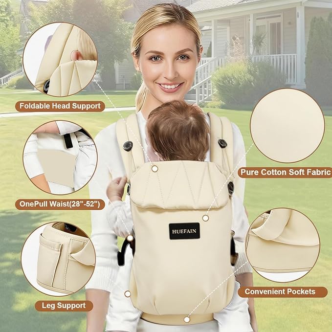 Baby Carrier (7–44 lbs), Soft Breathable Double-Shoulder Carrier with Adjustable Support, Ergonomic Design for Hip Positioning, Comfort Waist Support, Lightweight Hands-Free Baby Carrier (Beige)