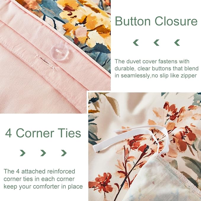URBONUR Floral Duvet Cover Set Queen Size 3 Pieces 100% Cotton Silky Sateen Wildflowers Comforter Cover with 2 Pillowcases Soft & Breathable Bedding Sets