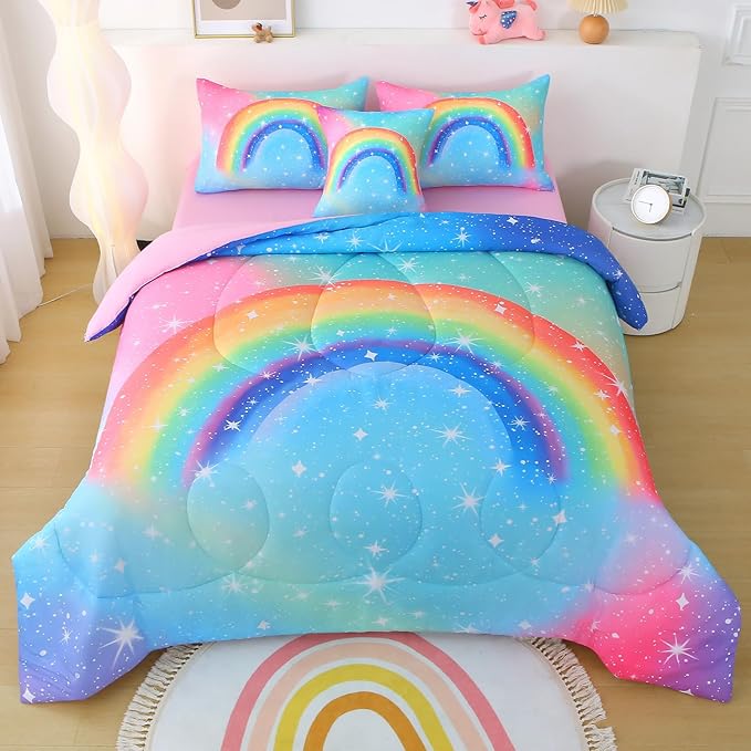 JQinHome Girls Comforter Set Queen, 6 Piece Bed in A Bag 3D Colorful Rainbow Bedding Sets for Teen Girls,with Sheet Sets (Rainbow)