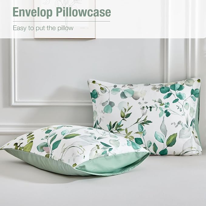 Lekesky Duvet Cover King Size, Reversible Botanical Floral Duvet Cover Set with Zipper Closure, 3 Pieces Soft Microfiber Green Bedding Set (1Duvet Cover 104"x90", 2 Pillowcases 20"x36")