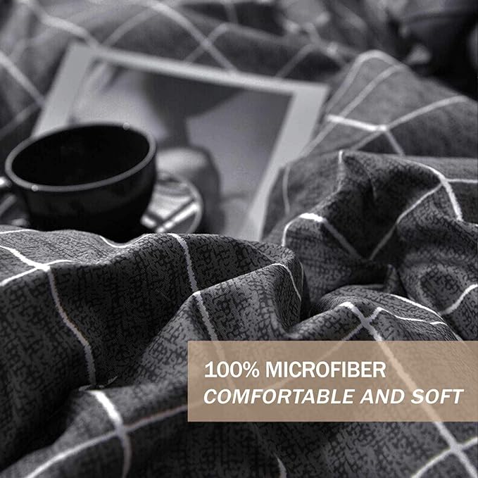 Nanko Queen Duvet Cover Set Black Grid Geometric 3 Pieces 90x90 Luxury Microfiber Quilt Bedding Cover with Zipper Closure, Ties - Organic Modern Style for Men and Women, Plaid