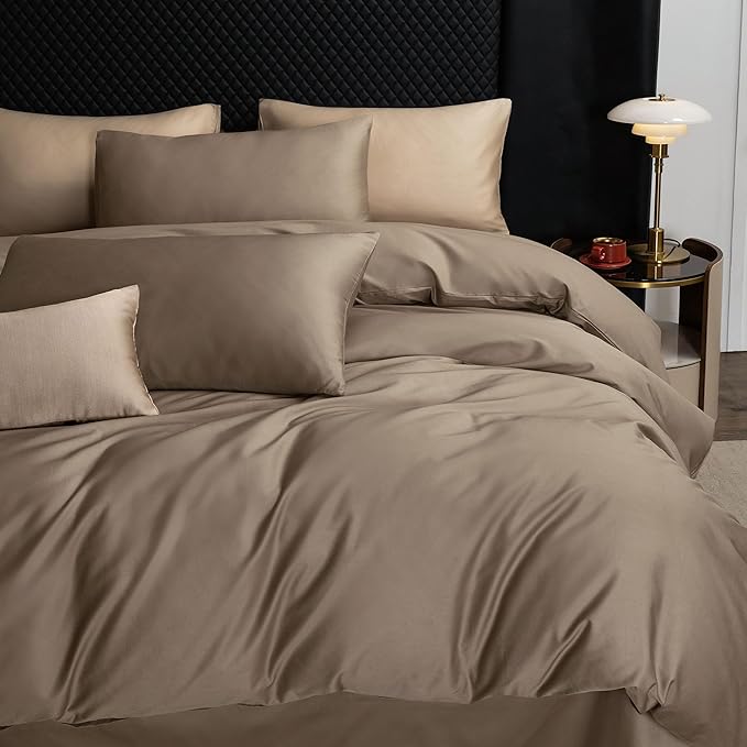 MooMee Duvet Cover Set 100% Extra Long Staple Cotton 600 Thread Count Silky Sateen Smooth Luxury Soft Breathable Durable Hotel Quality Bedding, 3 Pieces (Mocha Brown, Super King 108"x98")