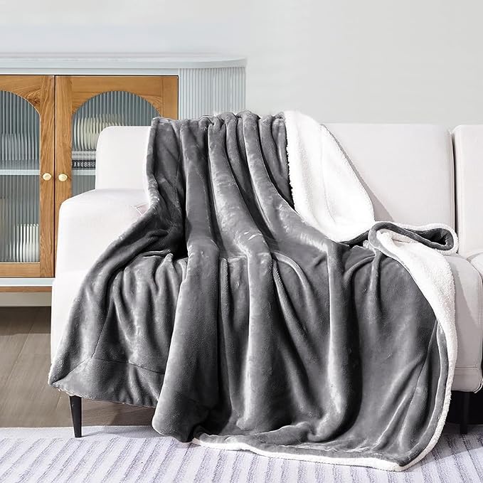 MOONLIGHT20015 Grey Sherpa Fleece Throw Blanket for Bed - Wholesale Bulk Pack of 16 Sherpa Blankets - Soft Fluffy Throw Blankets for Hotels, Guest Bedroom, 50x60 Inches
