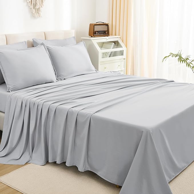 Litanika Super King Comforter Sets Light Grey - 7 Pieces Bed in a Bag Oversized King Bedding Comforter Sets, Solid Lightweight Bed Set with Comforter, Sheets, Pillowcases & Shams