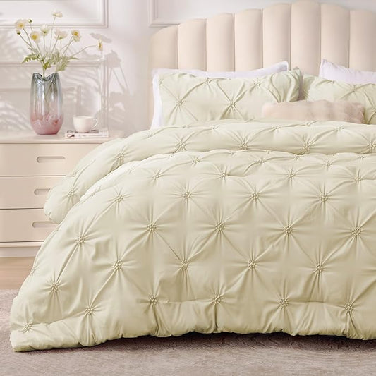 BEDELITE Beige Twin Comforter Set - 2 Peices Boho Pintuck Bedding Comforter Sets, Lightweight Soft & Warm Twin Bedding Sets with 1 Pillowcase for All Season