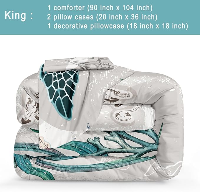 Bedbay Nautical Bedding Set Turtle Comforter Set King Size Beach Comforter Set Soft Microfiber Sea Life Ocean Bedding Quilt Set Coastal Bedding Boys Girls Beach Theme Bedding Set(Turtle,King)