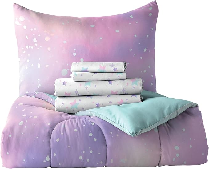 Dream Factory Kids 5-Piece Complete Bed Set Easy-Wash Super Soft Microfiber Comforter Bedding, Twin, Pink Twilight Galaxy Stars