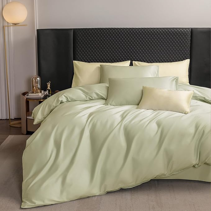 MooMee Duvet Cover Set 100% Extra Long Staple Cotton 600 Thread Count Silky Sateen Smooth Luxury Soft Breathable Durable Hotel Quality Bedding, 3 Pieces (Mint Green, Queen 90"x90")