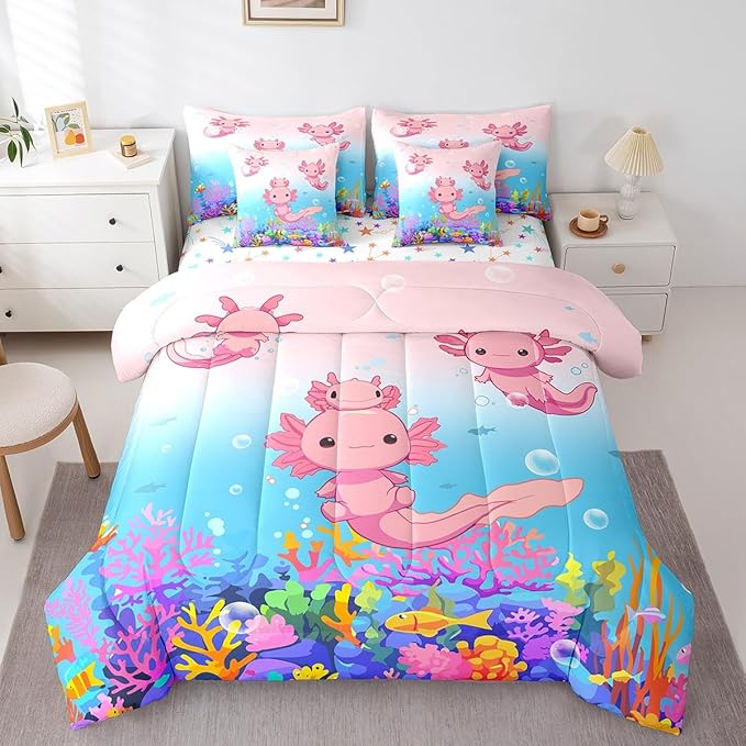 Feelyou Boys Girls Cute Axolotl Bed in A Bag Full Size, Ocean Sealife Comforter Set with Sheets Kids Cartoon Salamander 7 Pieces Bedding Sets Kawaii Teens Bed Set