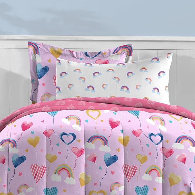 Dream Factory Kids 7-Piece Complete Bed Set Easy-Wash Super Soft Microfiber Comforter Bedding, Full, Lilac Balloon Hearts