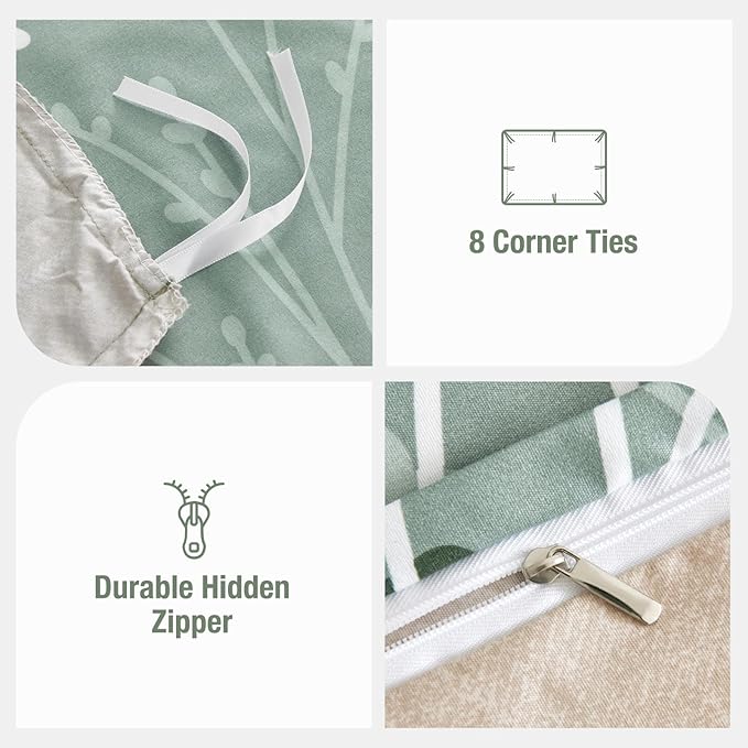 Lekesky Green Duvet Cover King Size, Reversible Floral King Comforter Cover with Branch Pattern, Soft 100% Washed Microfiber 3 Pieces Green Bedding Set with Zipper and 2 Pillowcases 20"x36"