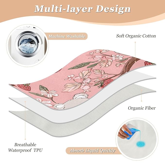 Waterproof Bed Pad Reusable Changing Pad Toddler Mattress Protector Large Pee Pad Baby Diaper Pad Soft Washable Liner Pink Koala Floral Strawberries Leaves