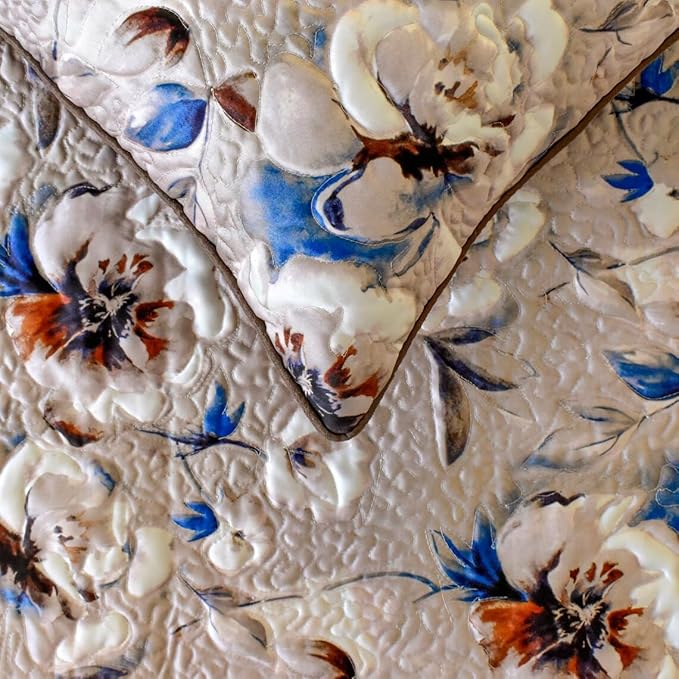 The HomeCentric King/Queen/Twin Ivory Decorative King 90"x18" Bed Runner with One Pillow Cover, Floral, Quilted Bed Scarf on Satin Fabric - Floral Harmony