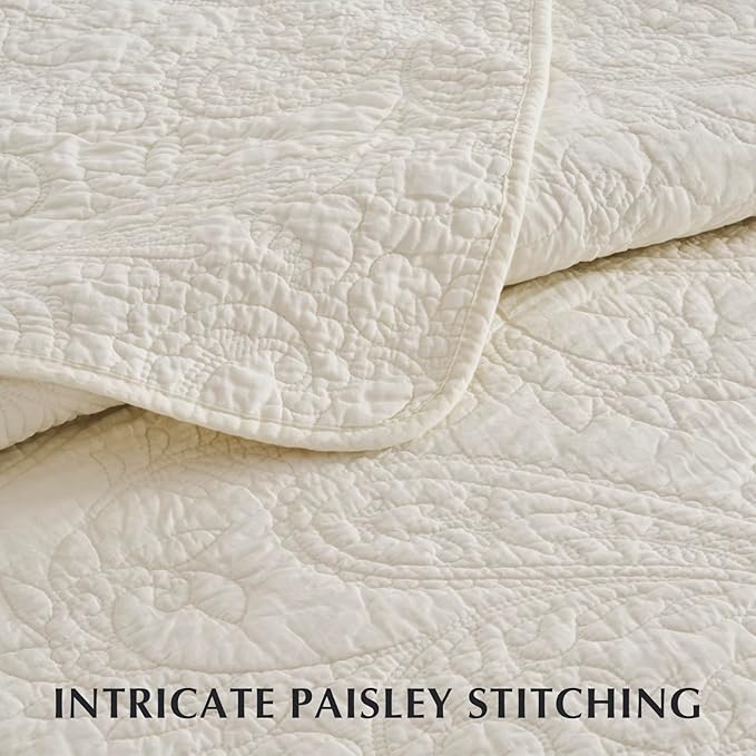 EVERGRACE 100% Cotton Paisley Quilt Set, King Size 3 Piece Set – Prewashed Lightweight Bedspread with 2 Shams, Soft & Breathable Matelasse Coverlet for All-Season Comfort, Ivory Cream