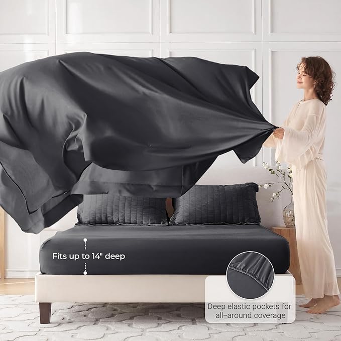 MUXHOMO 7 Pieces Full Comforter Set, Seersucker Bed in a Bag Full Size, All Season Luxury Bedding Set with Comforter, Flat Sheet, Fitted Sheet, Pillowcases & Shams, Dark Grey