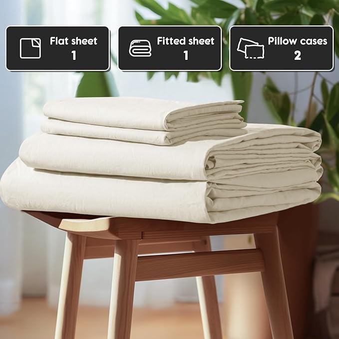 SONORO KATE 100% French Pure Linen Queen Size Sheets, Breathable and Durable, 16 Inch Deep Pocket - 4 Piece (Cream)