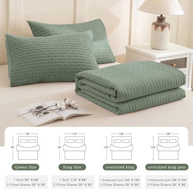 CozyTide Olive Green Oversized King Bedspread 120x120,Stone-Washed Cotton Lightweight Oversized King Quilt,3 Piece Extra Large Modern California King Coverlet Set Ultra Soft