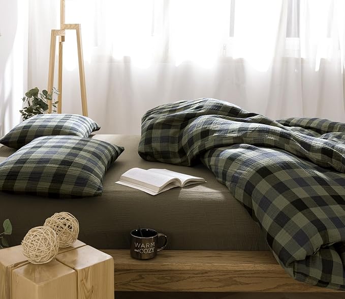 VM VOUGEMARKET Green Navy Plaid Duvet Cover King Muslin Cotton Bedding Set Soft Breathable Linen Like 3-Layer Gauze Comforter Cover with Zipper Closure for Adults-3 Pieces,104"x90"