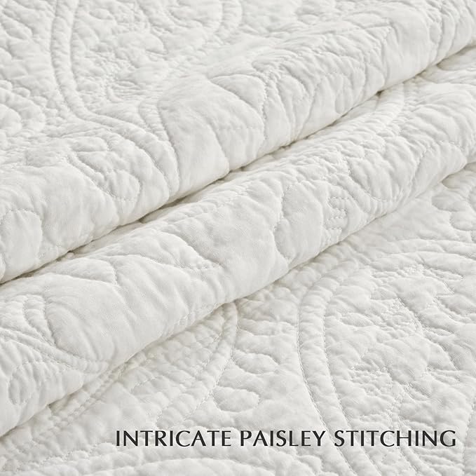 EVERGRACE 100% Cotton Paisley Quilt Set, King Size 3 Piece Set – Prewashed Lightweight Bedspread with 2 Shams, Soft & Breathable Matelasse Coverlet for All-Season Comfort, Bright White