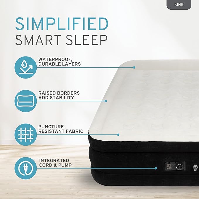 RestElevated Luxury Pillow Top King Size Air Mattress with Built in Pump | 20" Raised Height with Coil Beam Support | Adjustable Blow Up Air Bed | for Home, Guests and Camping [Black with Cream Top]