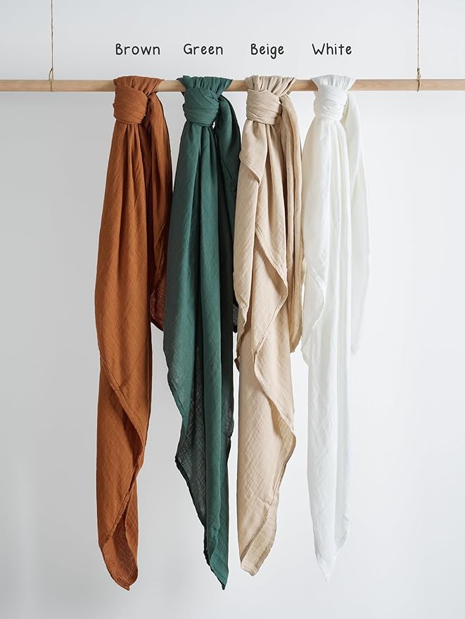 Meracorallo Muslin Swaddle Blanket Silky Soft Receiving Blanket Swaddle Wrap for Baby Boys and Girls, 47 x 47 inches, Set of 4 Solid Color, Brown Green Beige White