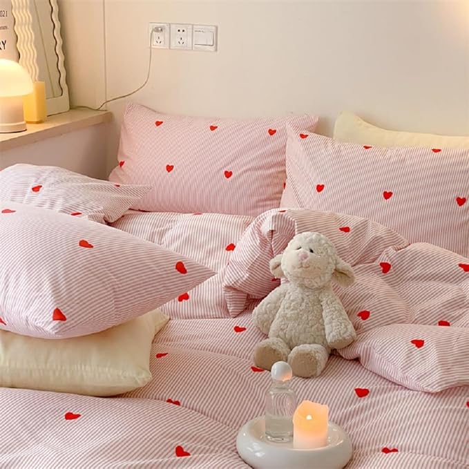 Nayoroom Full Size Cute Red Heart Pink Striped Duvet Cover Set with Zipper Closure Soft Breathable Microfiber 3Pcs Kids Girls Kawaii Heart-Shaped Comforter Cover