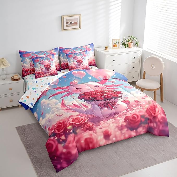 Feelyou Kids Cute Axolotl Comforter Set with Sheets King Size, Cartoon Animal 7 Pieces Bedding Set Boys Girls Kawaii Ocean Sealife Bed in A Bag Rose Teens Bed Set Bedroom Decor 7Pcs