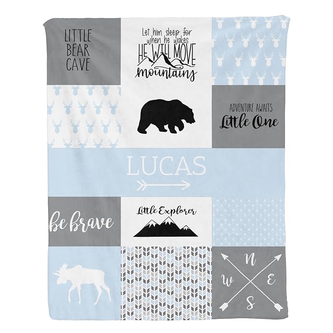 Personalized Baby Blanket Cute Animal Blanket for Boys - Soft Double Layer with Dotted Backing, Toddler to Newborn, Shower Gifts, Light Blue (35 X 45 inches)