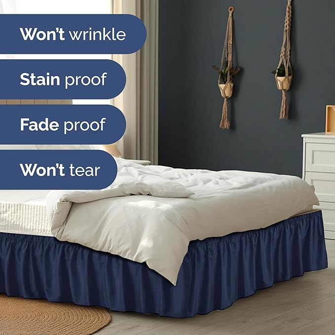 Wrap Around Dust Ruffle Bed Skirt - Navy Blue - for King Size Beds with 12 Inch Drop - Elastic Strap - Adjustable Pleated Bedskirt with Brushed Fabric and Wrinkle Free - for Women, Men, Kids & Teens