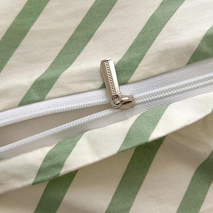 VM VOUGEMARKET Cotton Duvet Cover Set Queen,Green Stripes Geometric Bedding Set (1 Stripes Duvet Cover+2 Pillowcases) Simple Modern Men Comforter Cover with Zipper Closure