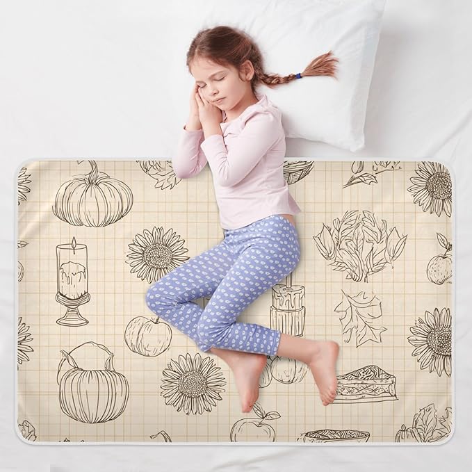 Waterproof Bed Pad Reusable Changing Pad Toddler Mattress Protector Large Pee Pad Baby Diaper Pad Soft Washable Liner Khaki Sketch Pumpkin Thanksgiving