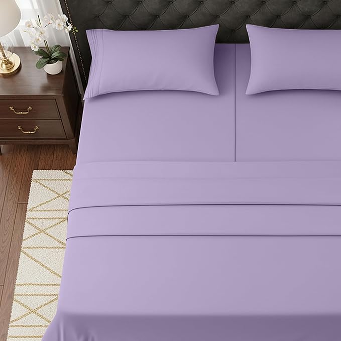 Elegant Comfort Luxurious 1500 Premium Hotel Quality Microfiber Three Line Embroidered Softest 5-Piece Bed Sheet Set, Wrinkle and Fade Resistant, Split King, Lilac
