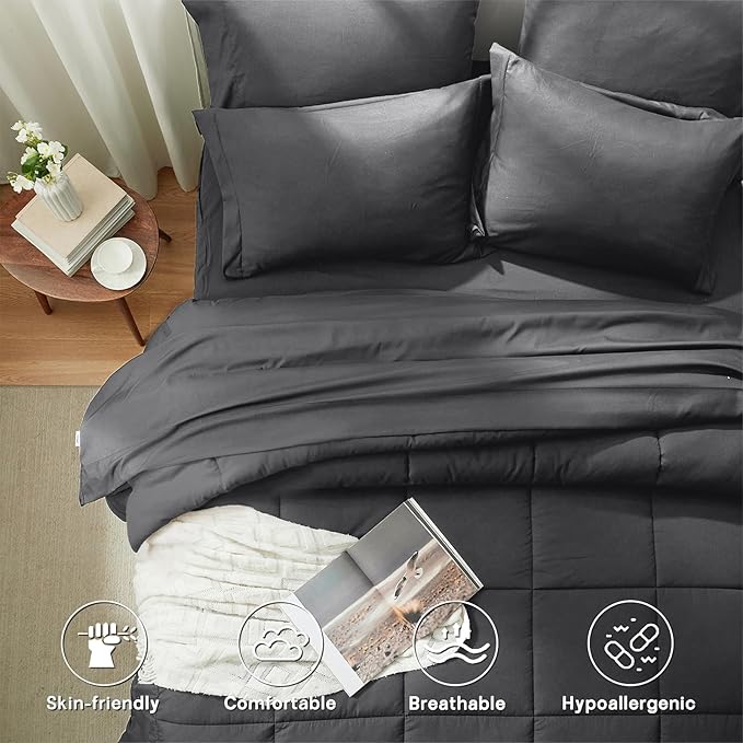 Anluoer Twin Size Bed in a Bag 5 Pieces, Dark Grey Bed Comforter Set with Sheets, All Season Bedding Sets with 1 Comforter, 1 Pillow Sham, 1 Pillowcase, 1 Flat Sheet, 1 Fitted Sheet