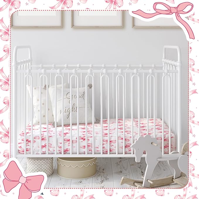 Peryiter 4 Pack Crib Sheets Girl Soft Baby Bed Sheet Set 52'' x 28" Nursery Crib Sheets for Standard Bed for Nursery Decor Baby Boys or Girls(Pink,Pink Bow)