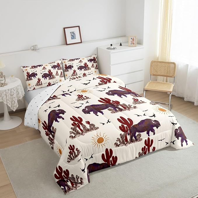 Buffalo Ranch North American Bisons Comforter Twin Size Western Bisons Bedding Sets Rustic Country Cabin Southwestern Animal Comforter Set for Kids Boys Girls Brown Cream Farmhouse Down Comforter
