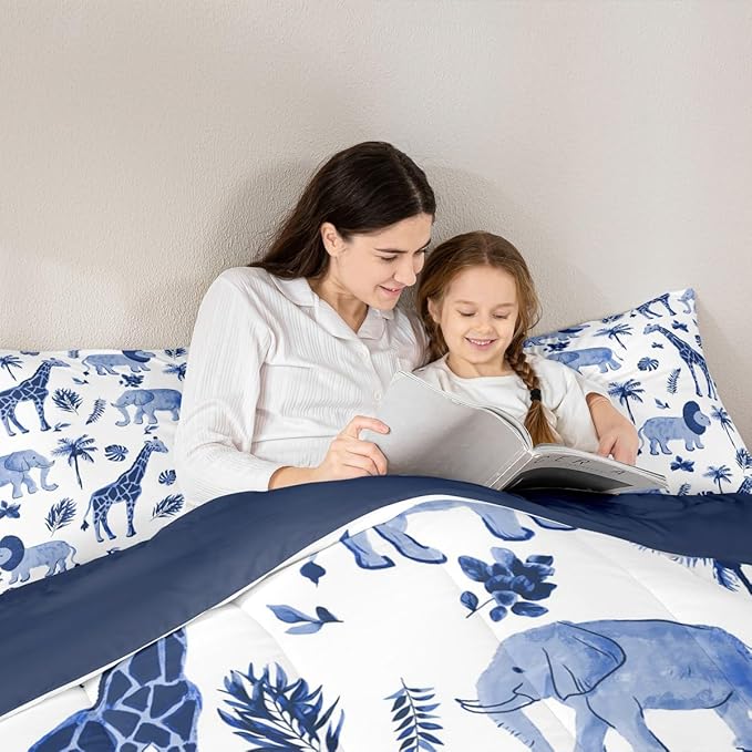 Feelyou Jungle Animals Comforter Toddler Size Elephant Lion Giraffe Animal Bedding Sets African Safari Animal Comforter Set for Kids Boys Girls Hunter Blue Rust Wildlife Down Comforter