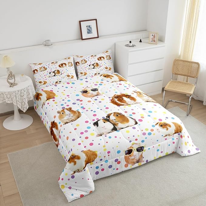Guinea Pig Bedding Set for Girls Boys Children Cute Cavy Pattern Comforter Decorative Cartoon Lovely Pet Animal Comforter Set Colorful Polka Dots Duvet Set Queen Size 3Pcs Bedspreads Coverlet Sets